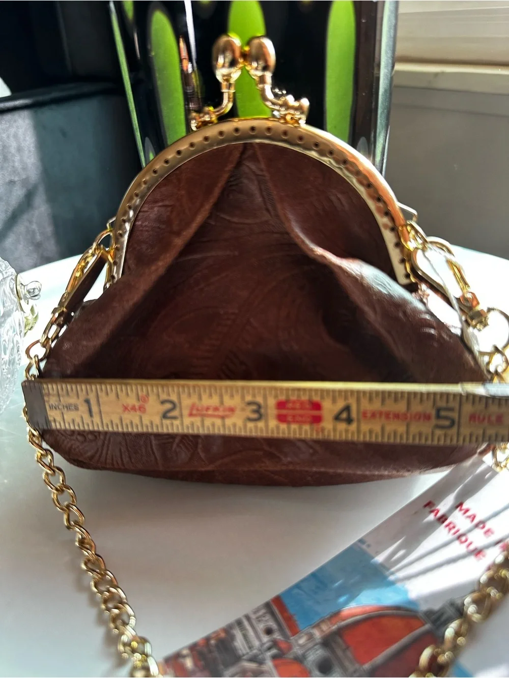 Brown Textured Kiss-Lock Crossbody Clutch with Gold Chain